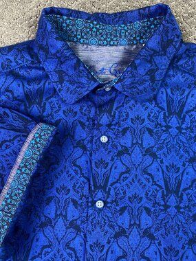 Robert Graham Shirt Men's XL Blue Short Sleeve Highland Button Up All Over Print